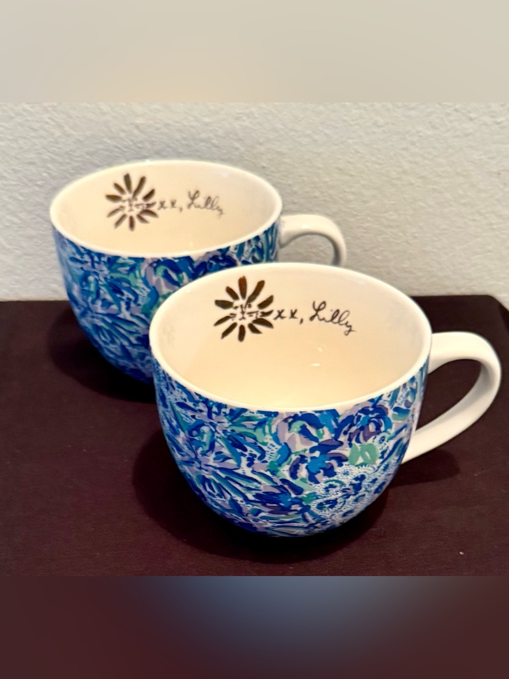 2 Lilly Pulitzer ceramic coffee mugs. Blue floral "High Maintenance" pattern - Picture 8 of 15